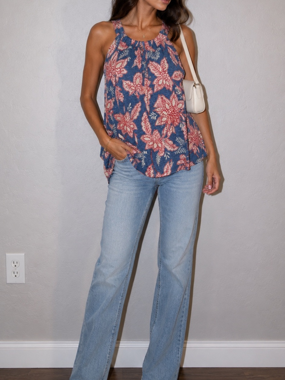 Rachel Zoe Navy Floral Sleeveless Tank with Coral Blooms